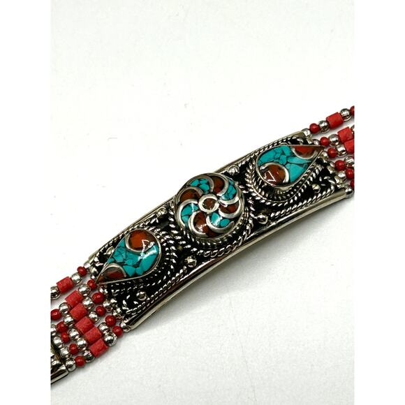Turquoise & Coral Bracelet & Earring Set – Tibetan Silver – Boho Jewelry - Picture 4 of 6